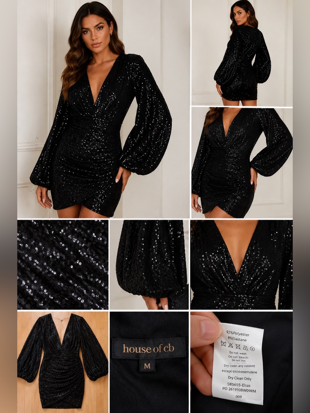 House of CB Elias Black Sequin Mini Dress Size M Balloon Sleeve Party Cocktail
